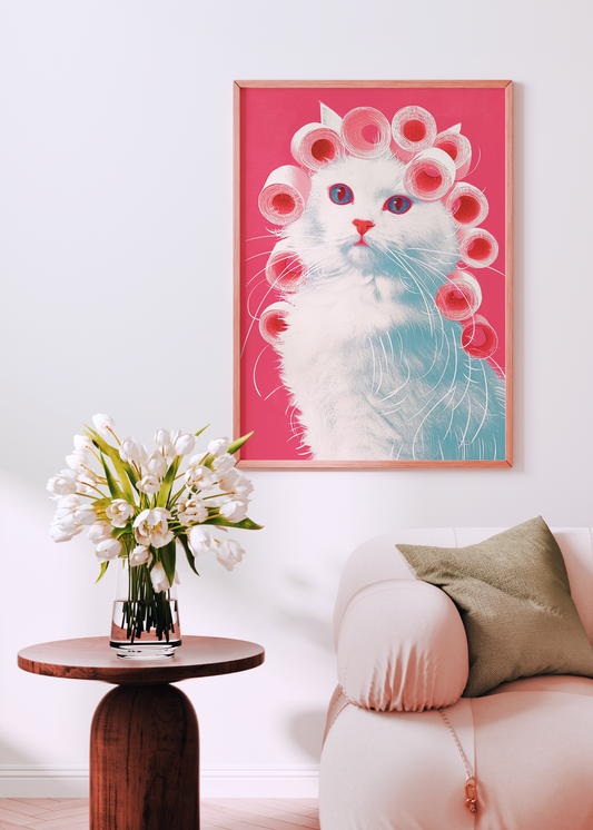 CAT WITH HAIR ROLLERS art print