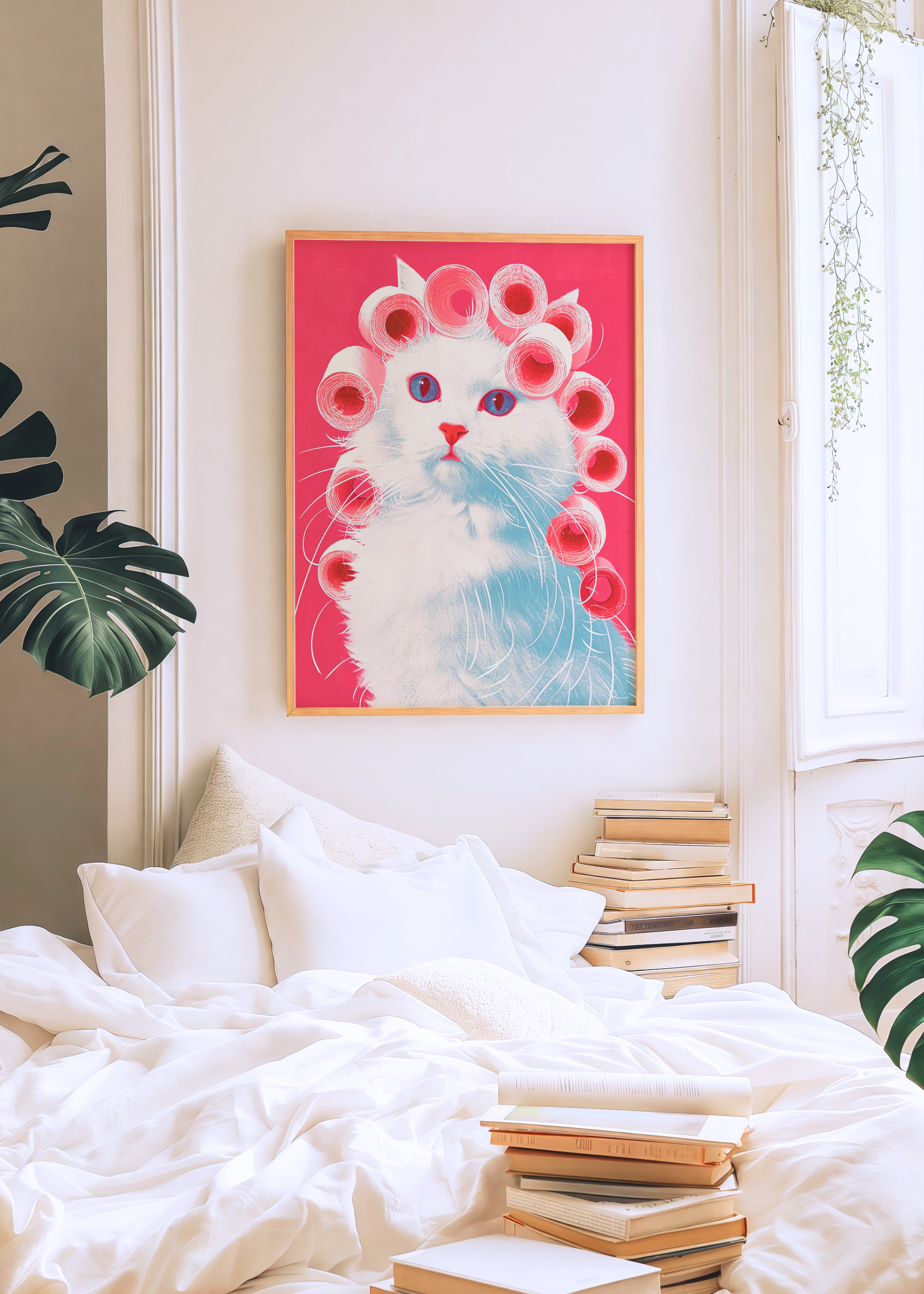 CAT WITH HAIR ROLLERS art print