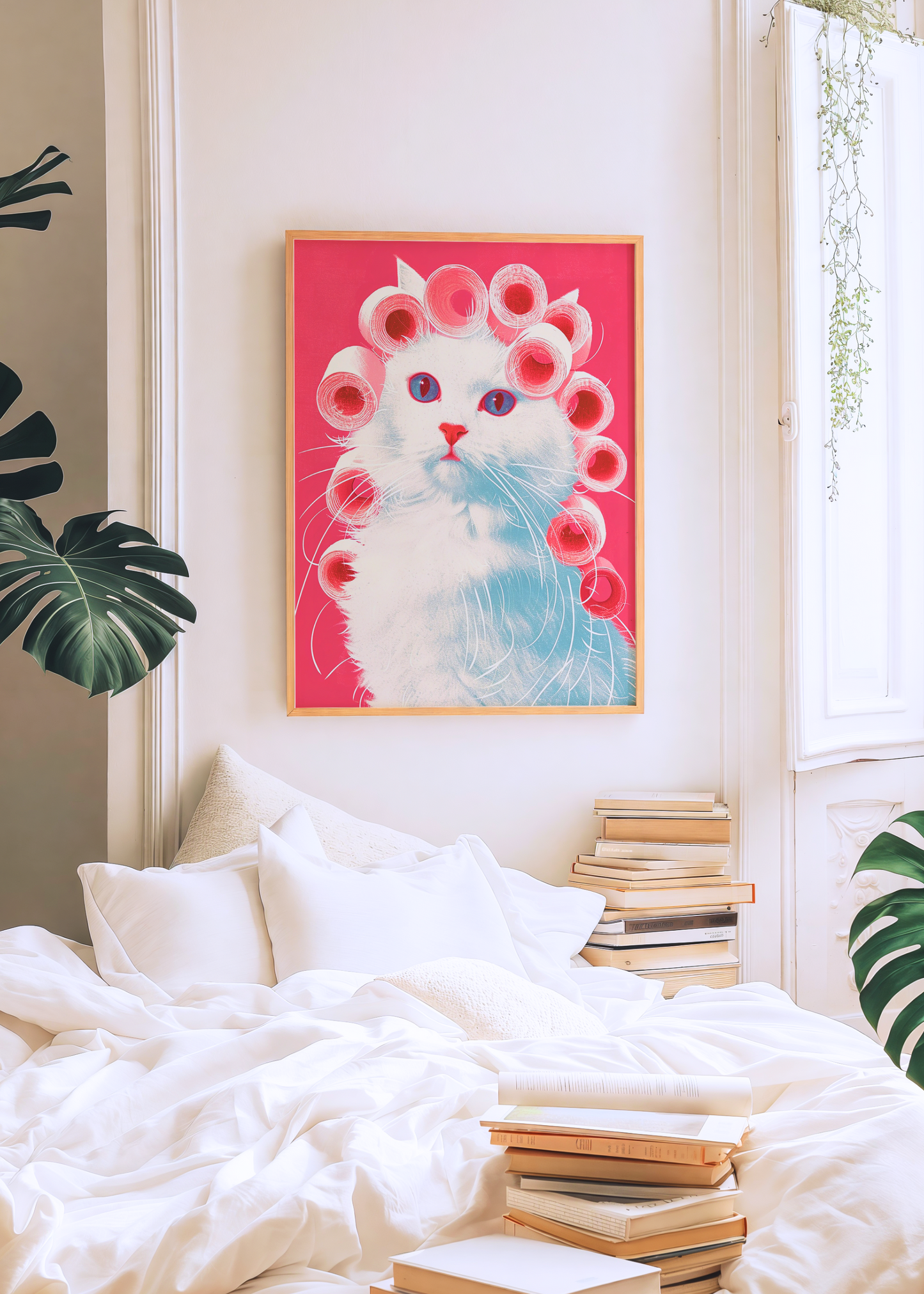 CAT WITH HAIR ROLLERS art print