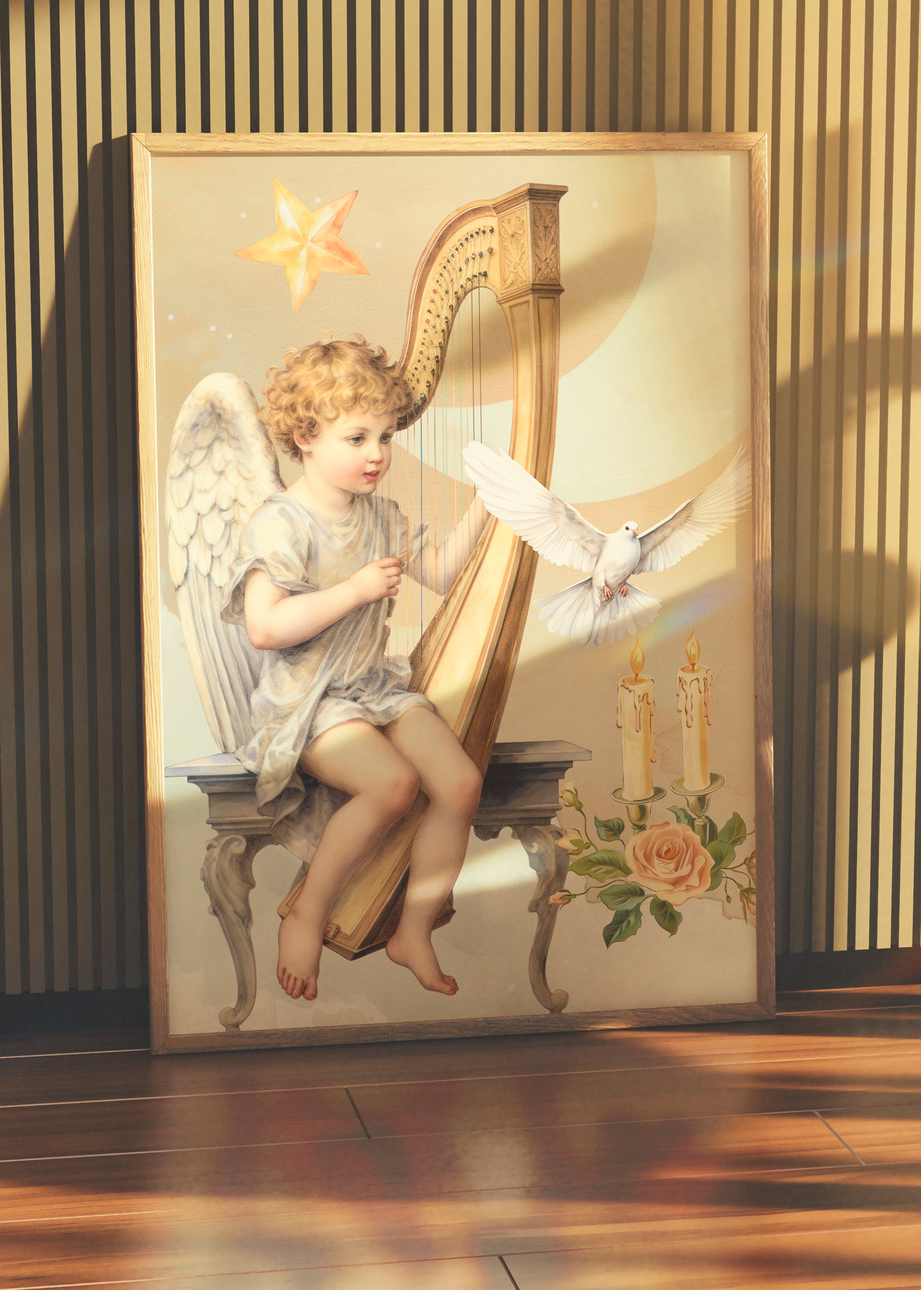 BABY ANGEL PLAYING A HARP art print