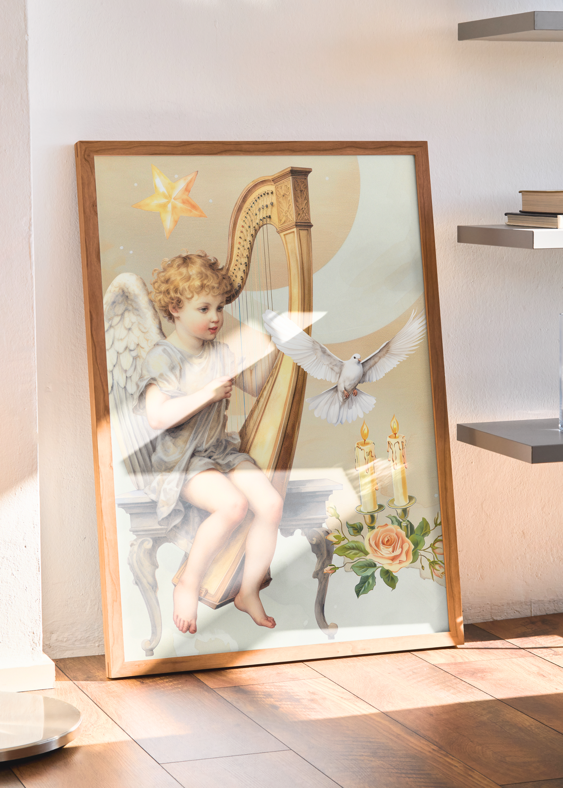 BABY ANGEL PLAYING A HARP art print
