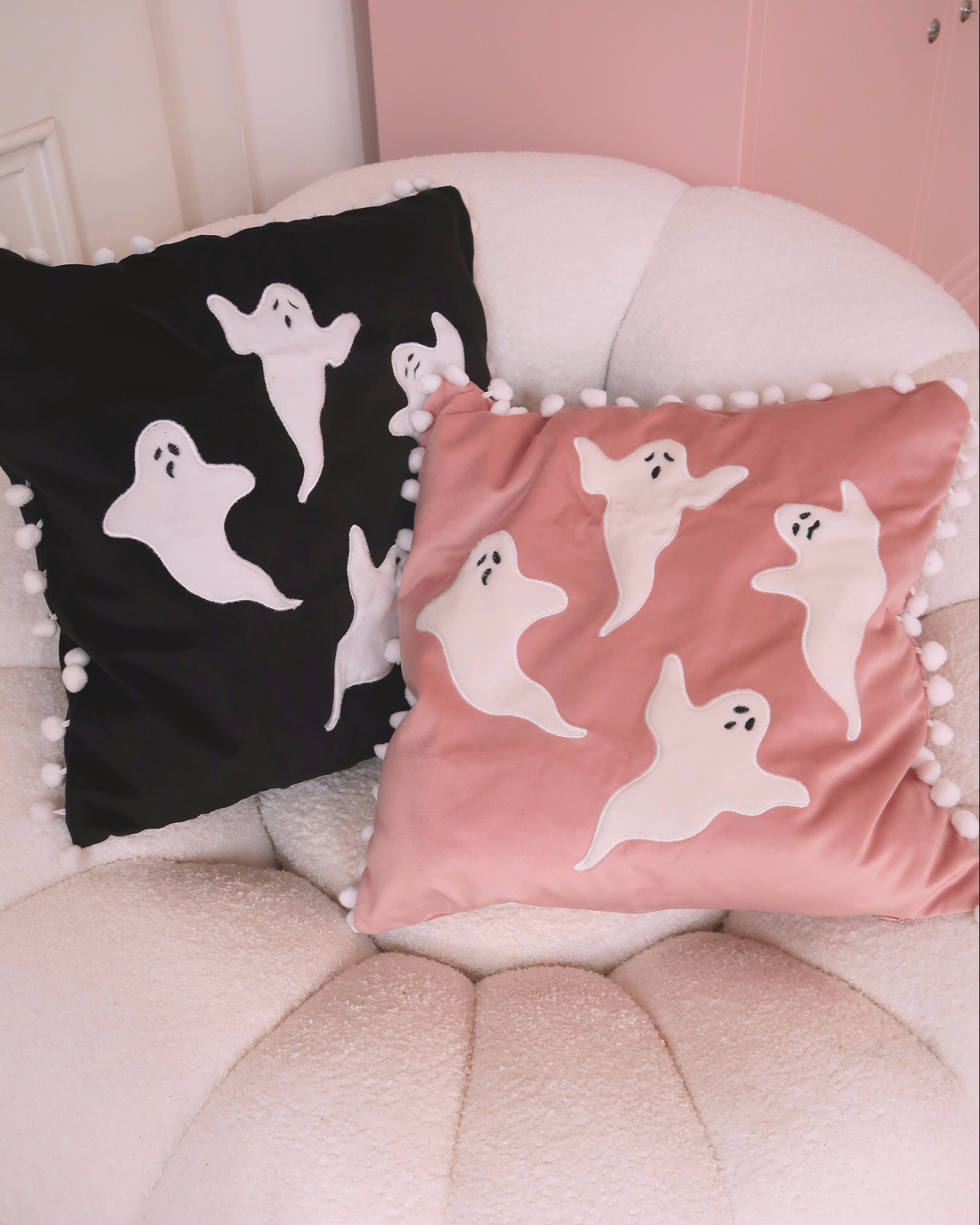 PINK DECORATIVE PILLOW WITH GHOSTS