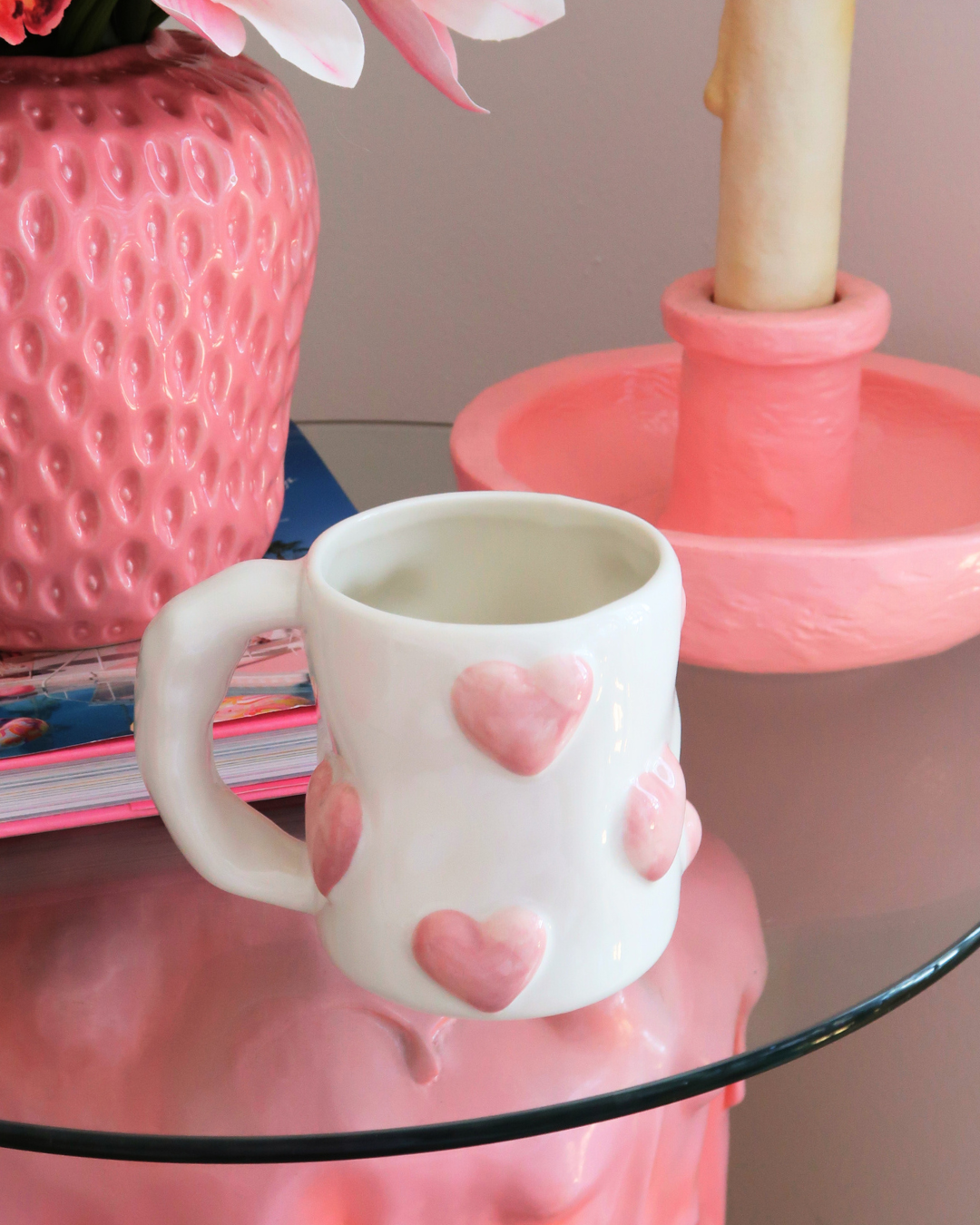 HUGE WHITE MUG WITH 3D PINK HEARTS