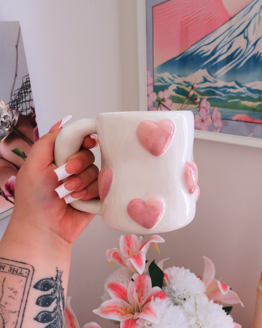 HUGE WHITE MUG WITH 3D PINK HEARTS