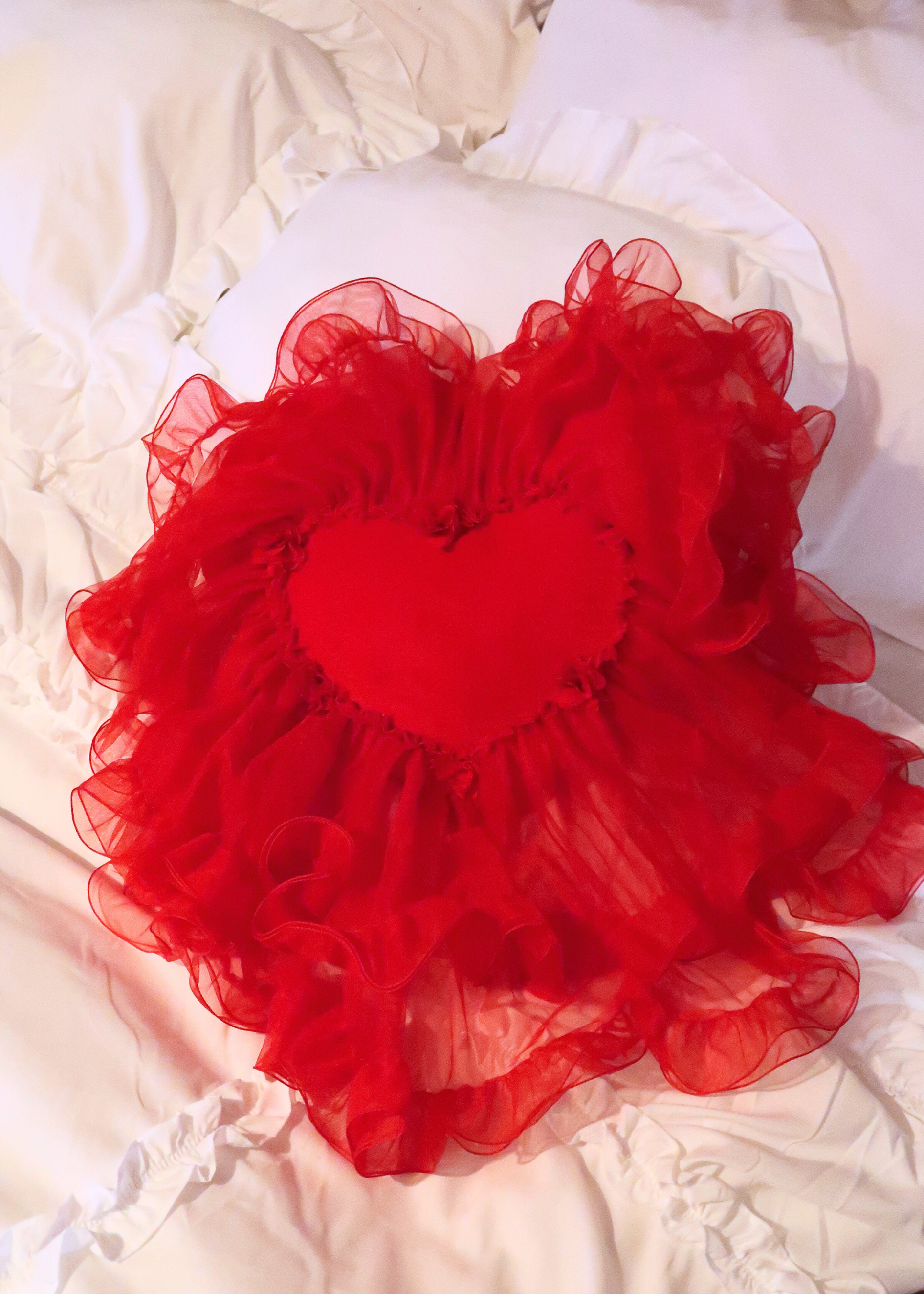 RED HEART PILLOW WITH A SKIRT